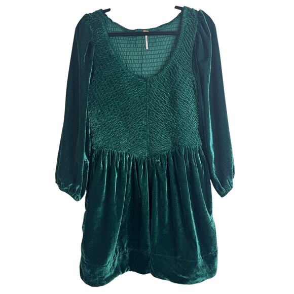 Free People Farrier A-Line Smocked Velvet Mini Dress Green Large Christmas Photo - Picture 3 of 16